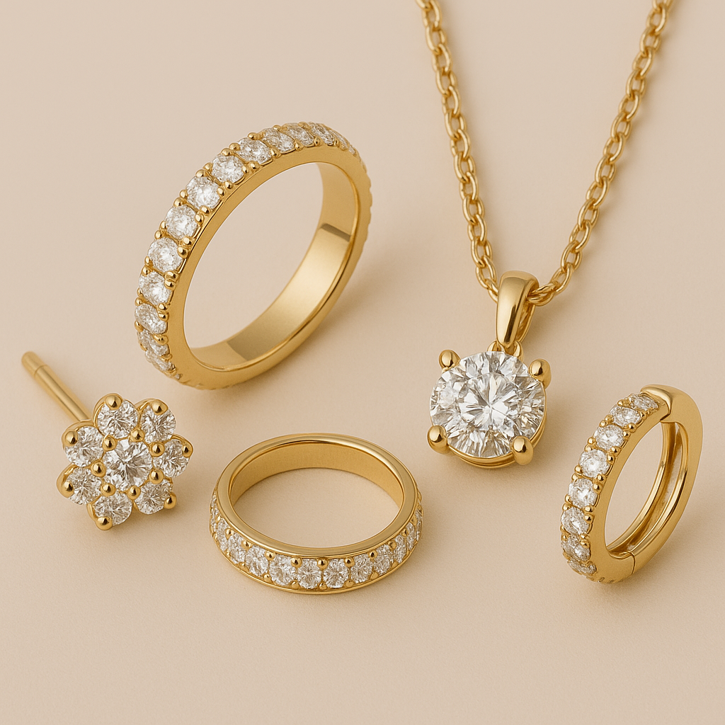 Elegant flat lay of essential fine jewelry pieces in 14K gold featuring lab diamond studs, a sleek gold band, a solitaire pendant, and small hoop earrings on a beige background.