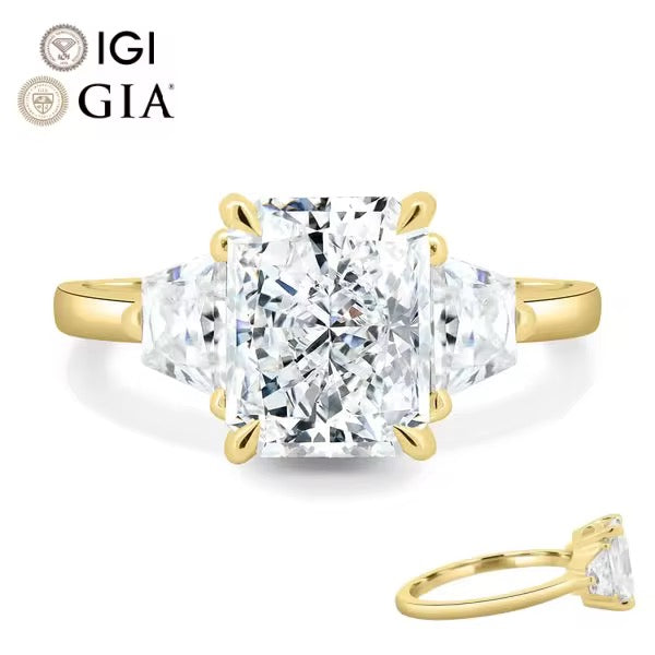 3 carat lab grown radiant cut diamond ring with trapezoid side stones in 14K yellow gold, IGI GIA certified