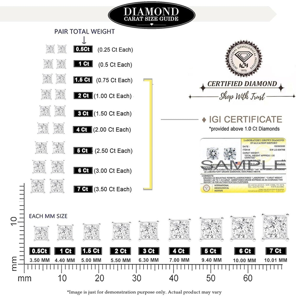 0.50 to 7 Carat Lab Grown Diamond Stud Earrings for Women, Colorless IGI Certified,Screw Back Earrings in 14K 18K White Gold & Platinum, Round/Emerald/Oval/Princess Cut,With Gift Box - Future Jewelry