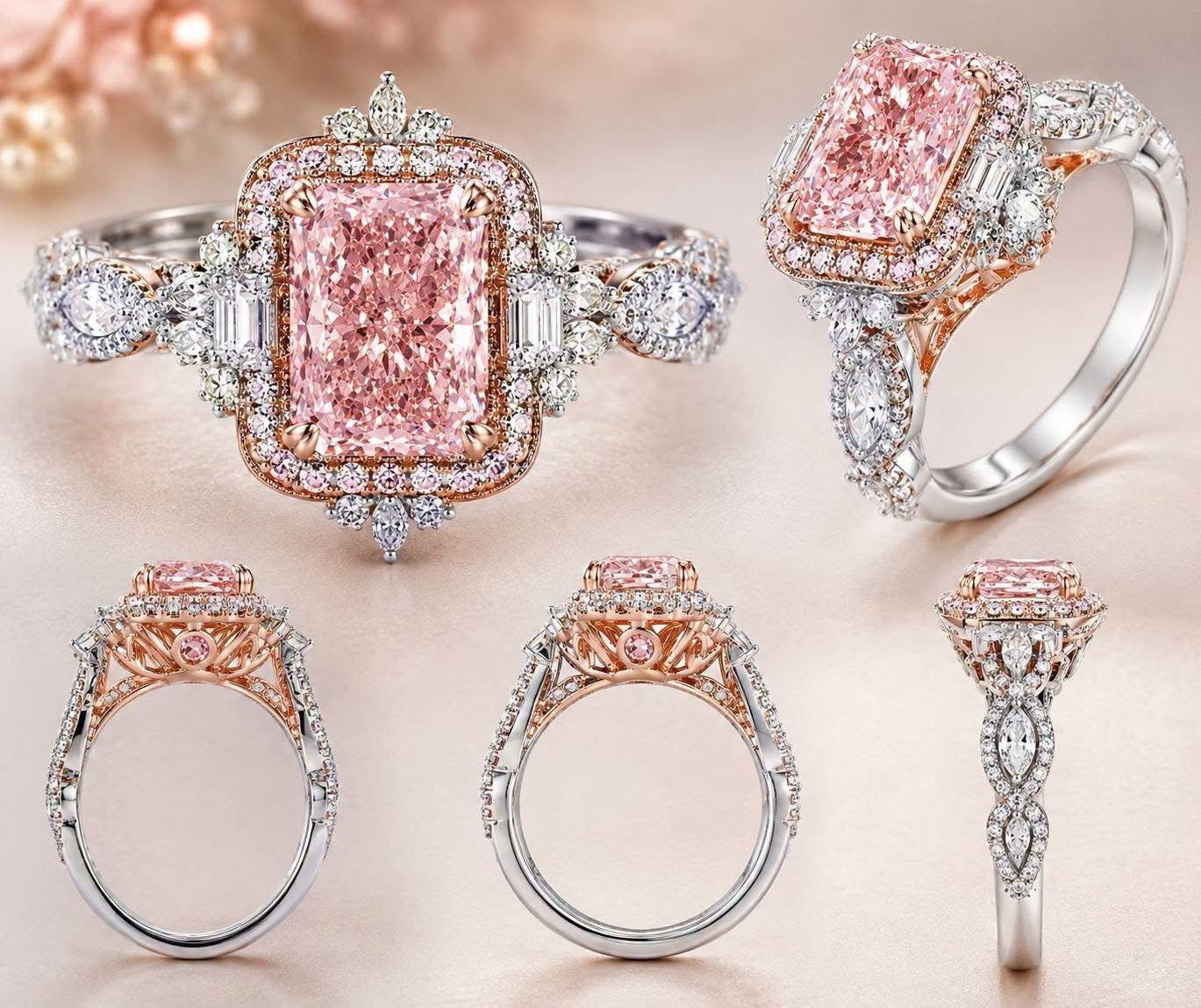 Future Jewelry™ 3 Carat Pink Radiant Lab Grown Diamond Halo Engagement Ring in 14K White & Rose Gold | VS1 | F Color Accent Diamonds | IGI or GIA Certified | Limited Edition 1 of 34 Ever Made