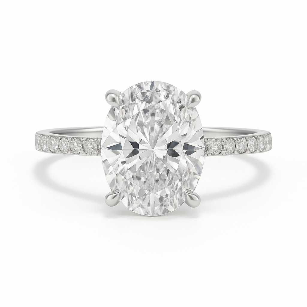 Diamond ring with a large central gemstone and smaller stones on the band against a white background