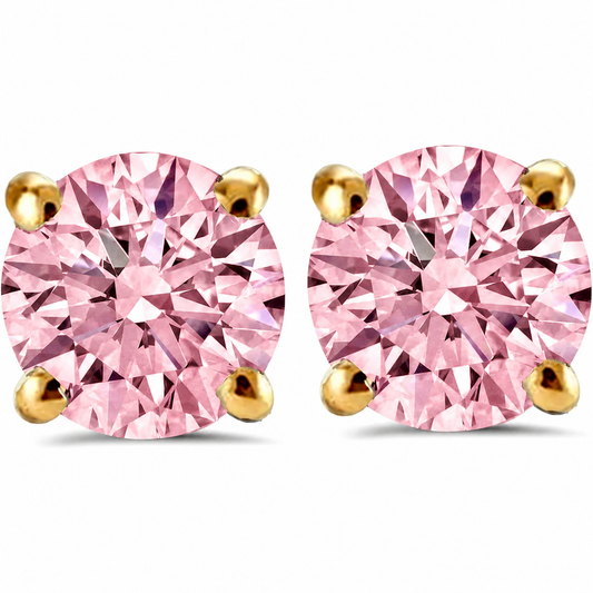 1 carat pink lab grown diamond stud earrings in 14K yellow gold four-prong setting