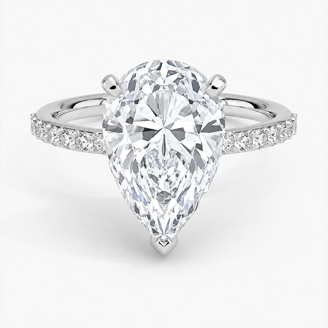 10.00 carat diamond ring with pear-shaped center stone on a white background