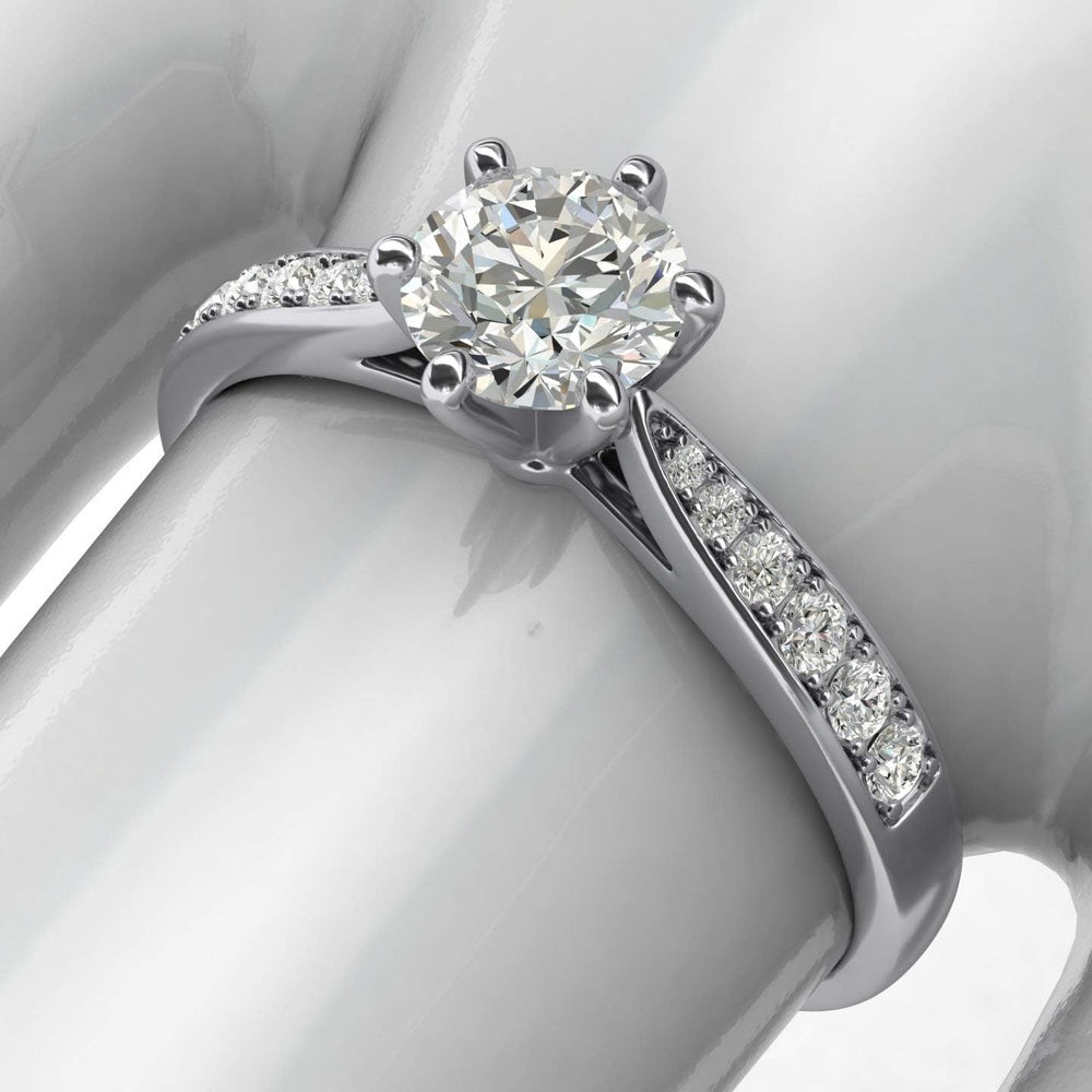 10k white gold 1.0 CT Classic 6 - Prong Simulated Diamond or Genuine Lab Grown Diamond Engagement Ring Graduated Side Stones Promise Bridal Ring - Future Jewelry