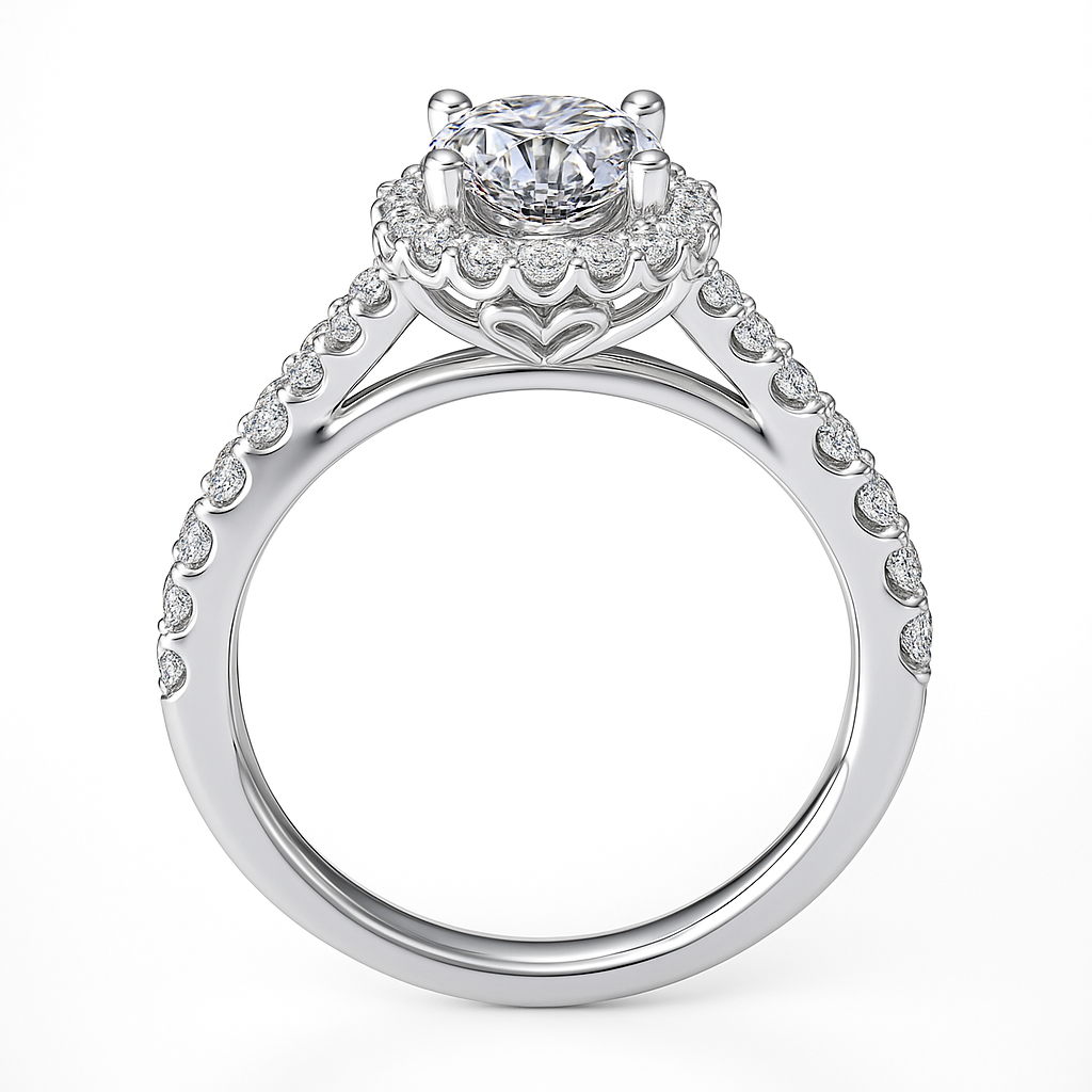 Silver ring with diamond accents on a white background