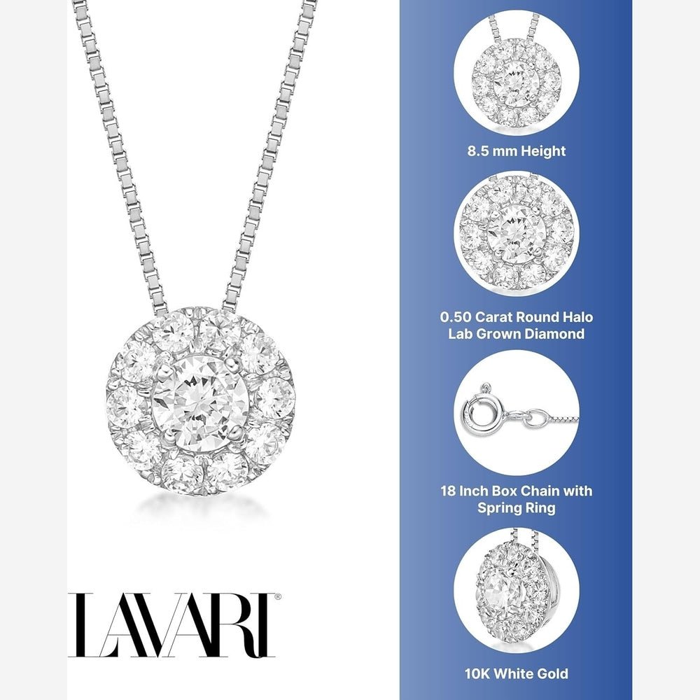1/4 to 1/2 Carat Lab Grown Diamond Round Halo Pendant Necklace for Women in 10k White Gold on 18 Inch Chain (G - H, VS2 - SI1, cttw) Spring Ring - Future Jewelry