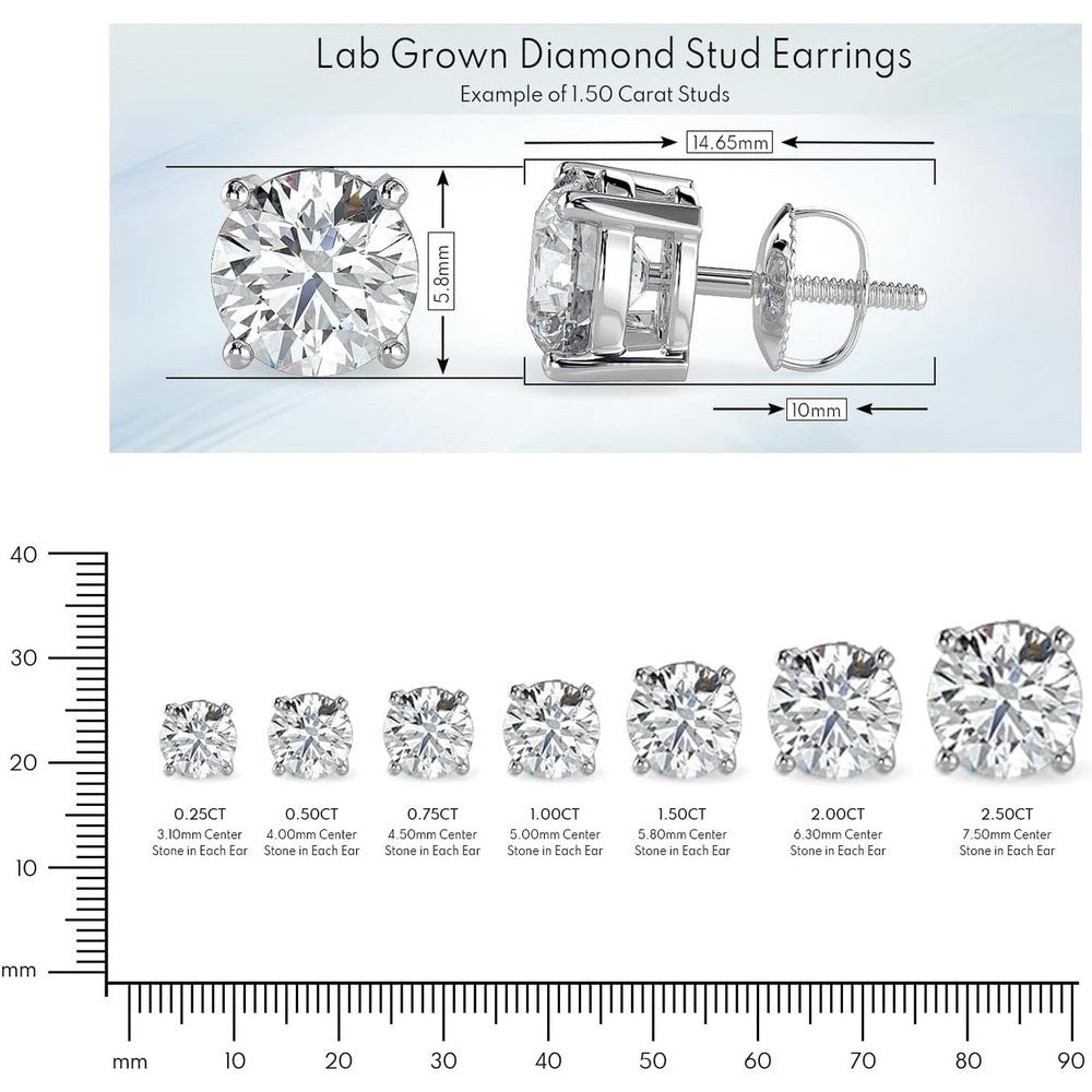 14K White & Yellow Gold Lab Grown Round Cut Diamond Stud Earrings for Men Women, (1/2cttw - 4cttw), 4 - Prong Screw Back, VS Clarity EF Color, Gift for Weddings, Anniversaries, Valentine's Day - Future Jewelry