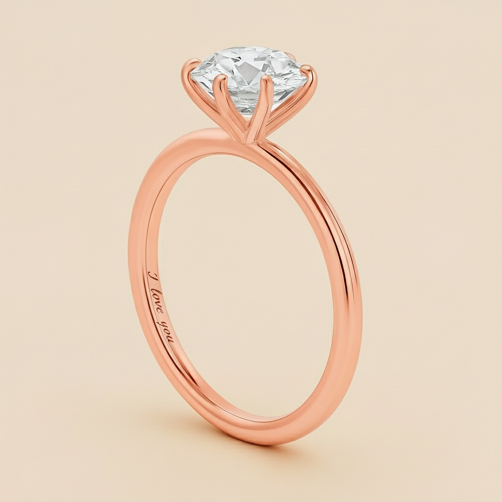 Rose gold ring with a large diamond on a white background