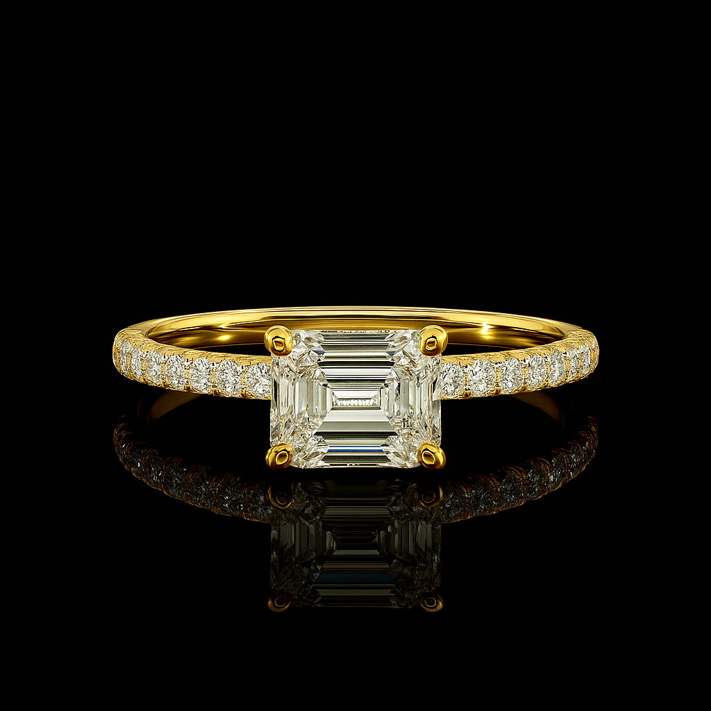 Gold ring with a large diamond and smaller diamonds on the band against a black background