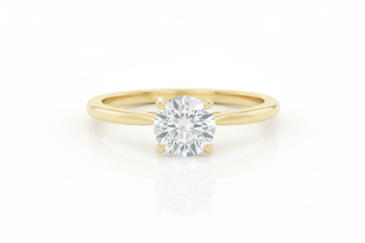 18K Yellow Gold Diamond Engagement Ring 1 Carat Round Cut ring bend 2 mm