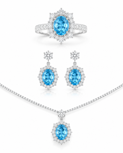 The Crowned Verde Lumière Jewelry Set, Green and Blue Lab Grown Diamond Ring, Necklace and Earrings, 14K White Gold