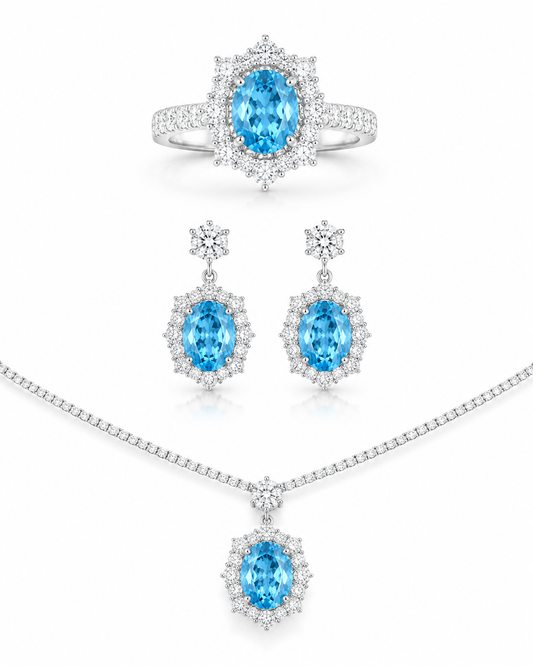 The Crowned Verde Lumière Iconic Jewelry Set – Green & Blue LG Diamond Ring, Necklace & Earrings in 14K White Gold – Limited Collector Edition