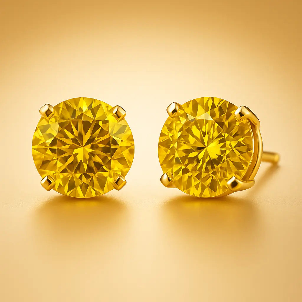 1 carat fancy yellow round lab grown diamond stud earrings in 14K gold, Future Jewelry
