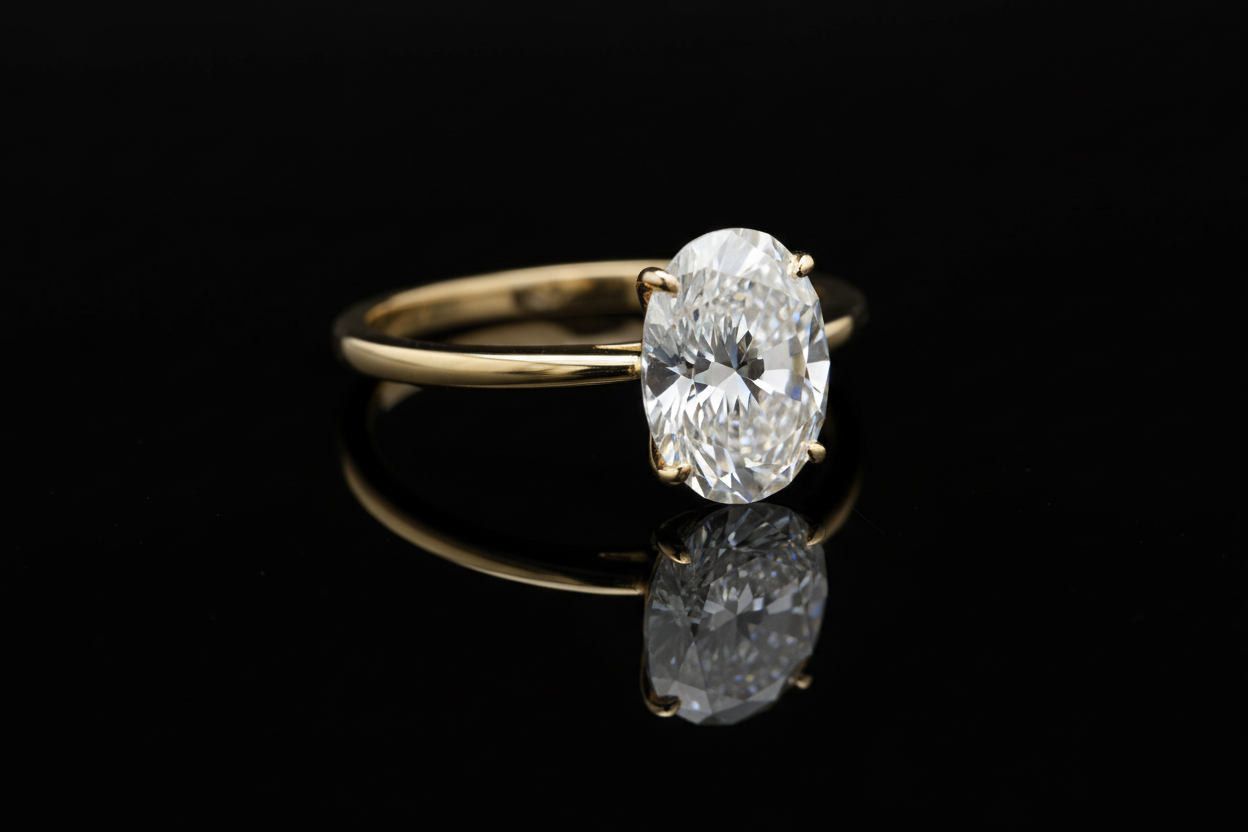 2.70 Ct Oval Cut IGI Lab Diamond Engagement Ring 14K Yellow Gold in black background with reflection on the bottom of the ring but not too much