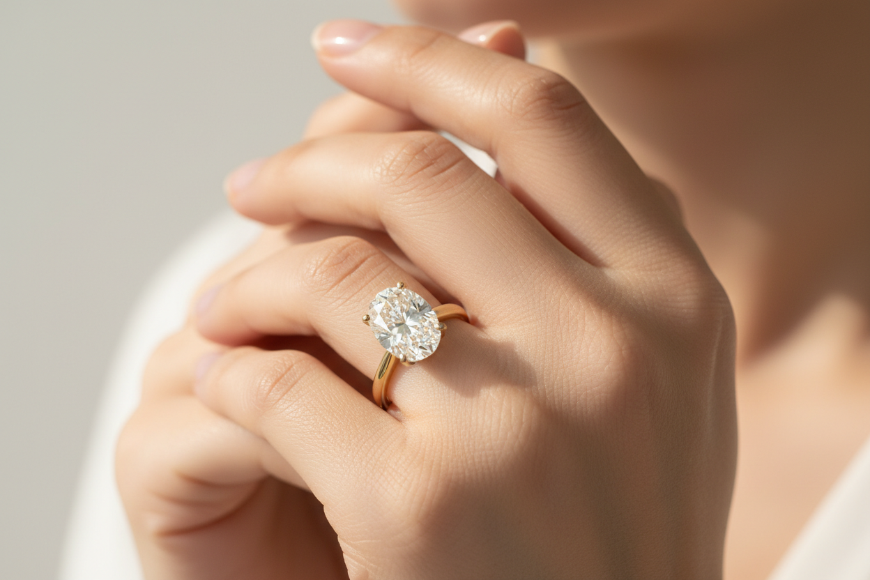 2.70 Ct Oval Cut IGI Lab Diamond Engagement Ring 14K Yellow Gold on hand of a model