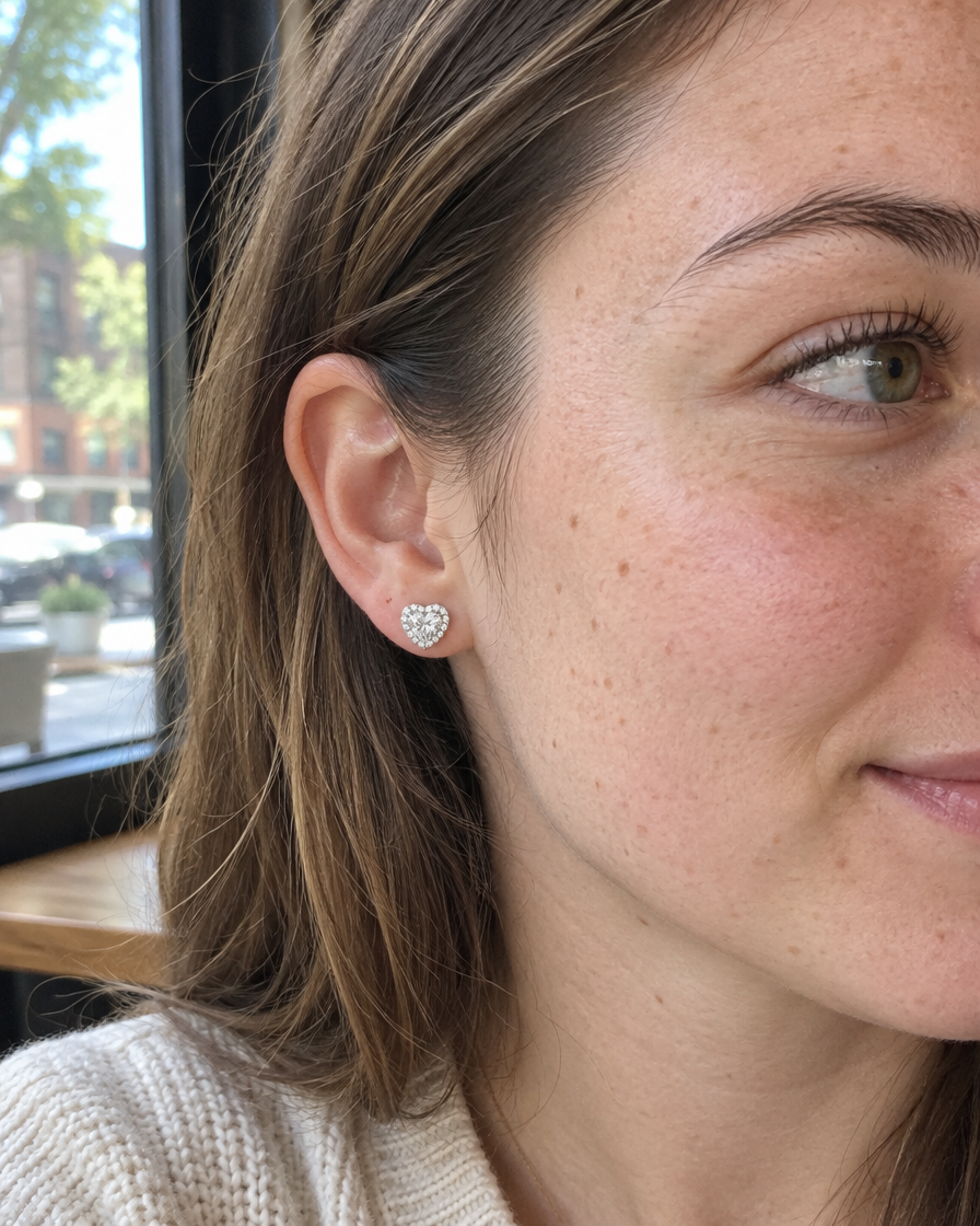 2 Carat Heart Cut Lab Grown Diamond Stud Earrings in 18K White Gold worn on ear - Future Jewelry