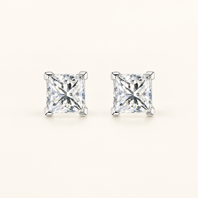 2 Carat Princess Cut Lab Grown Diamond Stud Earrings, 18K Gold