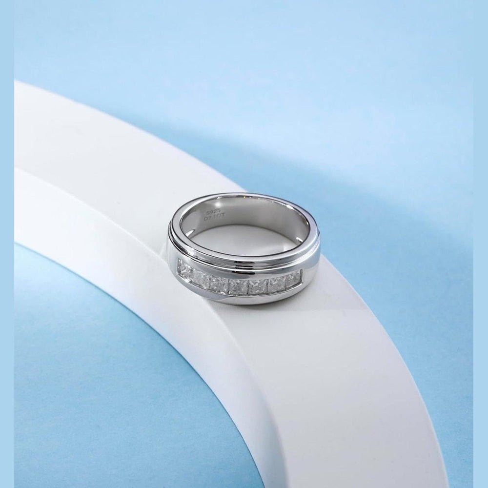 2.1 Carats 7 Stone Princess Cut Lab Grown Diamond Rings for Men Women Lab Grown Diamond Eternity Wedding Band Ring D Color VVS1 Lab Grown Diamond Channel Set, Sterling Silver with 18K White Gold Men Lab Grown Diamond Ring - Future Jewelry