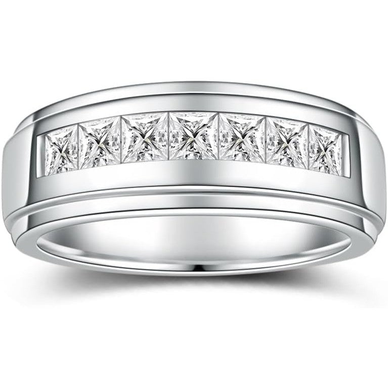 2.1 Carats 7 Stone Princess Cut Lab Grown Diamond Rings for Men Women Lab Grown Diamond Eternity Wedding Band Ring D Color VVS1 Lab Grown Diamond Channel Set, Sterling Silver with 18K White Gold Men Lab Grown Diamond Ring - Future Jewelry
