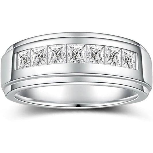 2.1 Carats 7 Stone Princess Cut Lab Grown Diamond Rings for Men Women Lab Grown Diamond Eternity Wedding Band Ring D Color VVS1 Lab Grown Diamond Channel Set, Sterling Silver with 18K White Gold Men Lab Grown Diamond Ring - Future Jewelry