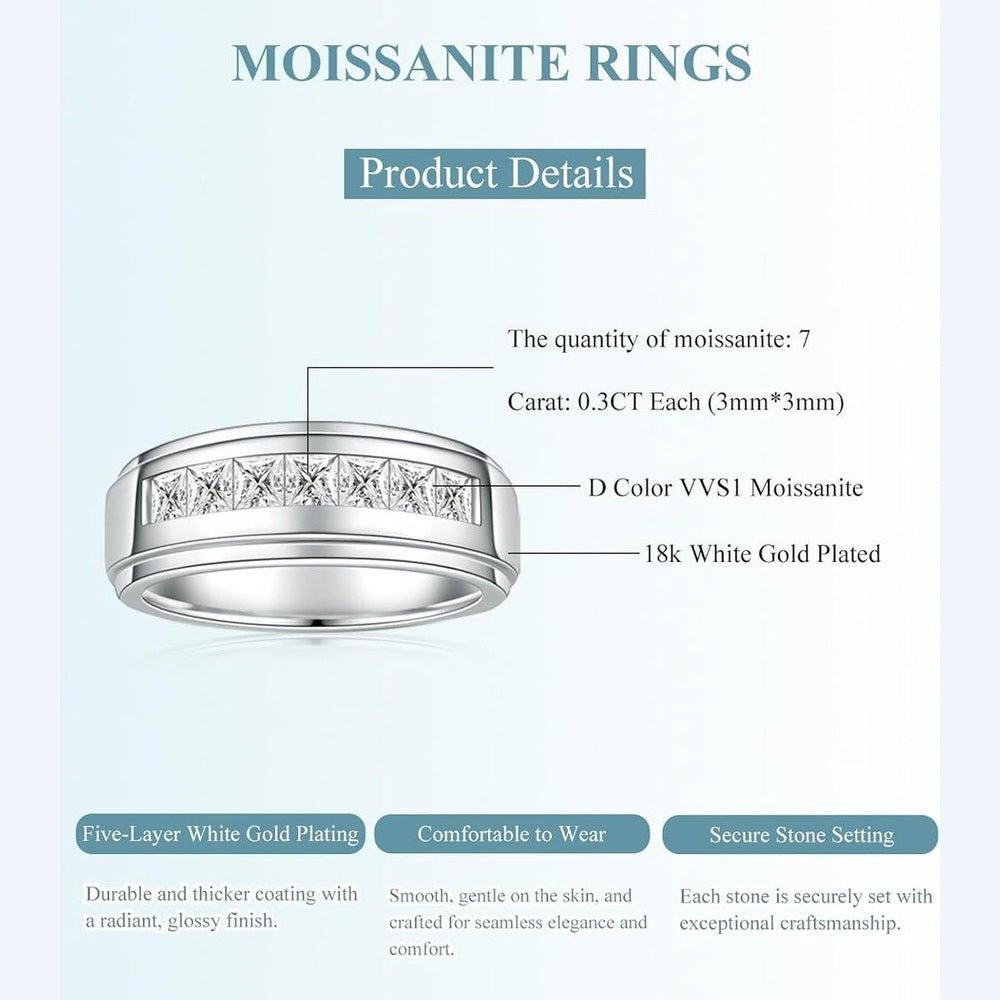 2.1 Carats 7 Stone Princess Cut Lab Grown Diamond Rings for Men Women Lab Grown Diamond Eternity Wedding Band Ring D Color VVS1 Lab Grown Diamond Channel Set, Sterling Silver with 18K White Gold Men Lab Grown Diamond Ring - Future Jewelry