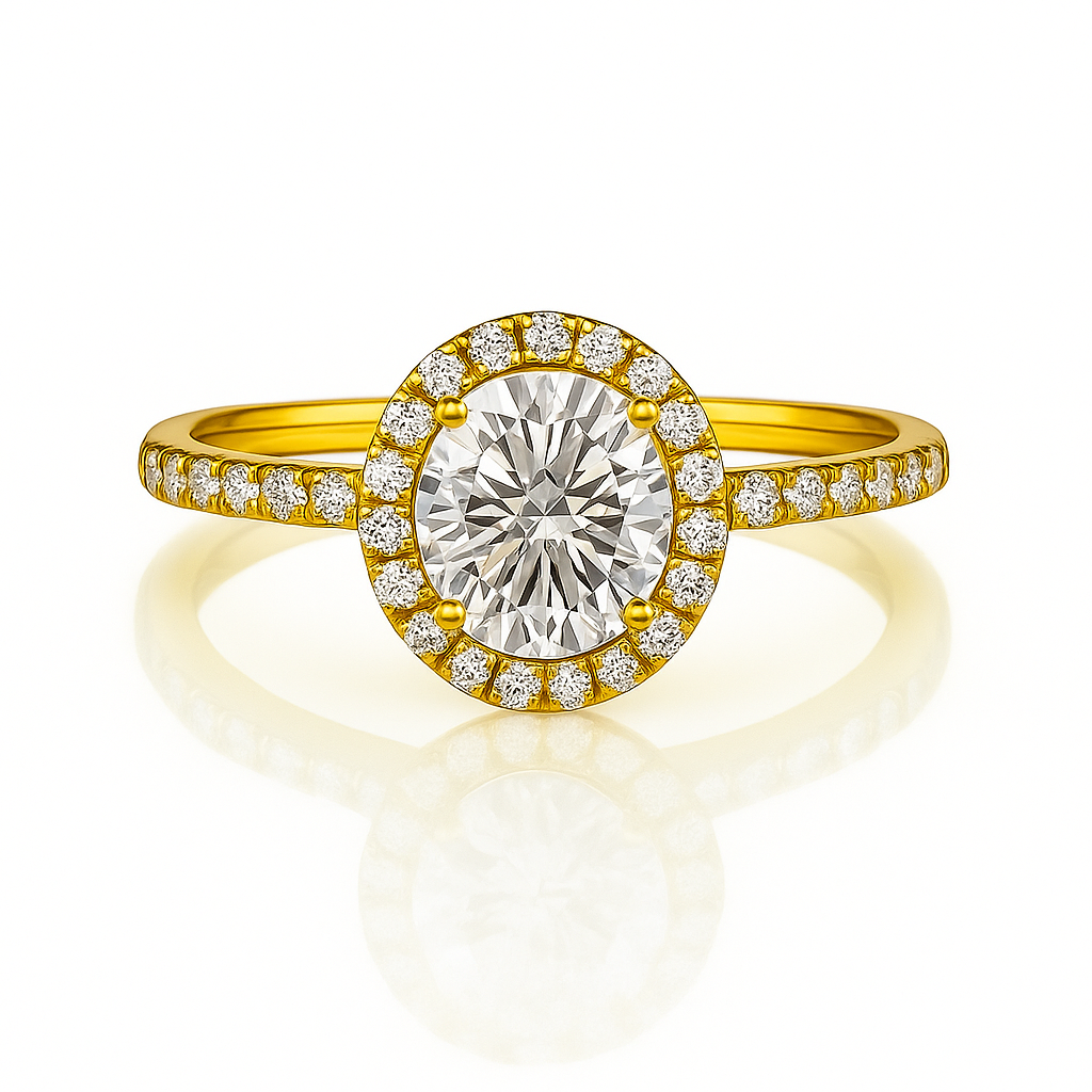 Gold ring with a large diamond and smaller diamonds around on a white background