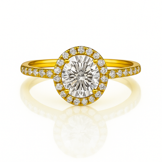 Gold ring with a large diamond and smaller diamonds around on a white background