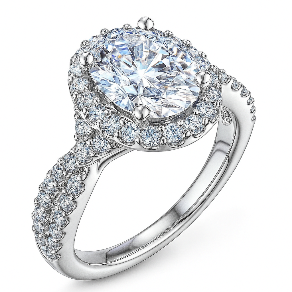 Elegant diamond ring with a halo and intricate design on a white background