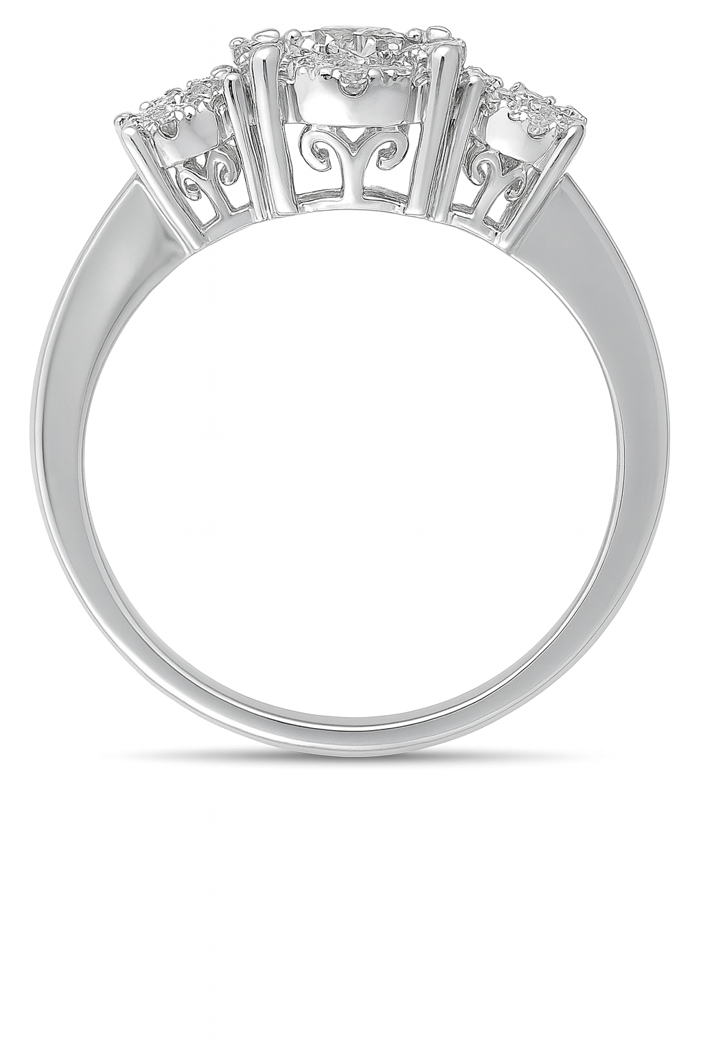Silver ring with diamond accents on a white background