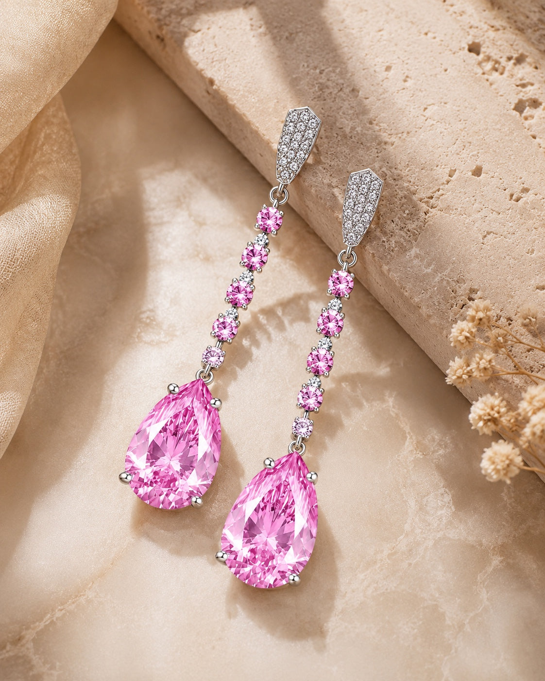 4.30 CTW Pear Lab Grown Diamond Drop Earrings | Fancy Pink & Green | 14K Gold | IGI Certified | VS1 F