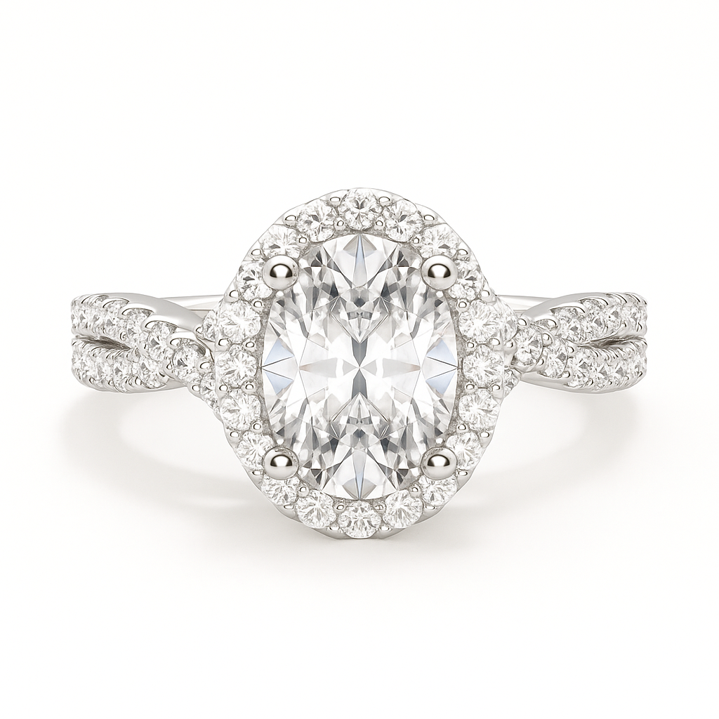 Diamond ring with a halo on a white background