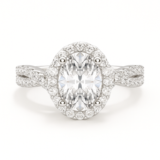 Diamond ring with a halo on a white background