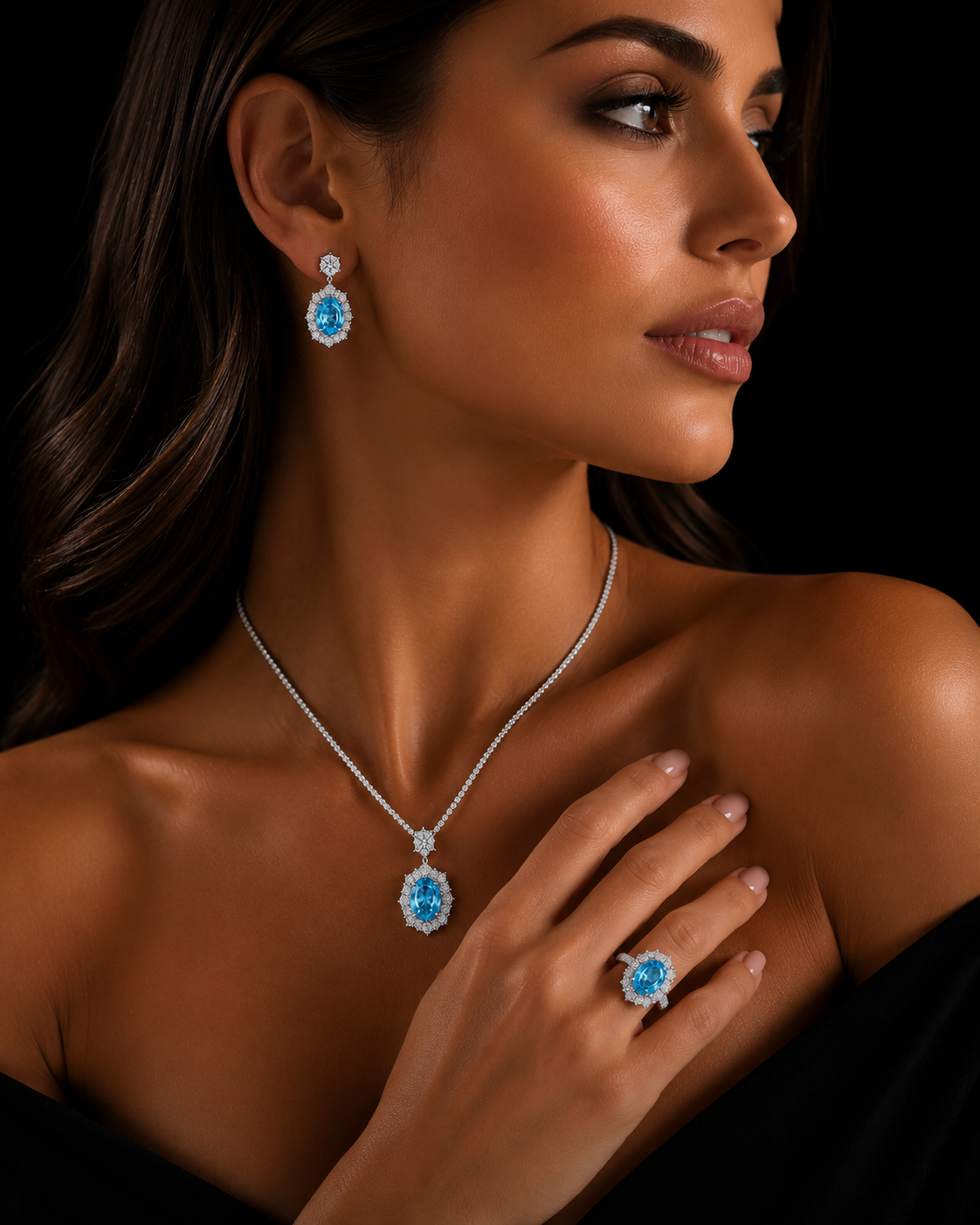 The Crowned Verde Lumière Iconic Jewelry Set – Green & Blue LG Diamond Ring, Necklace & Earrings in 14K White Gold – Limited Collector Edition