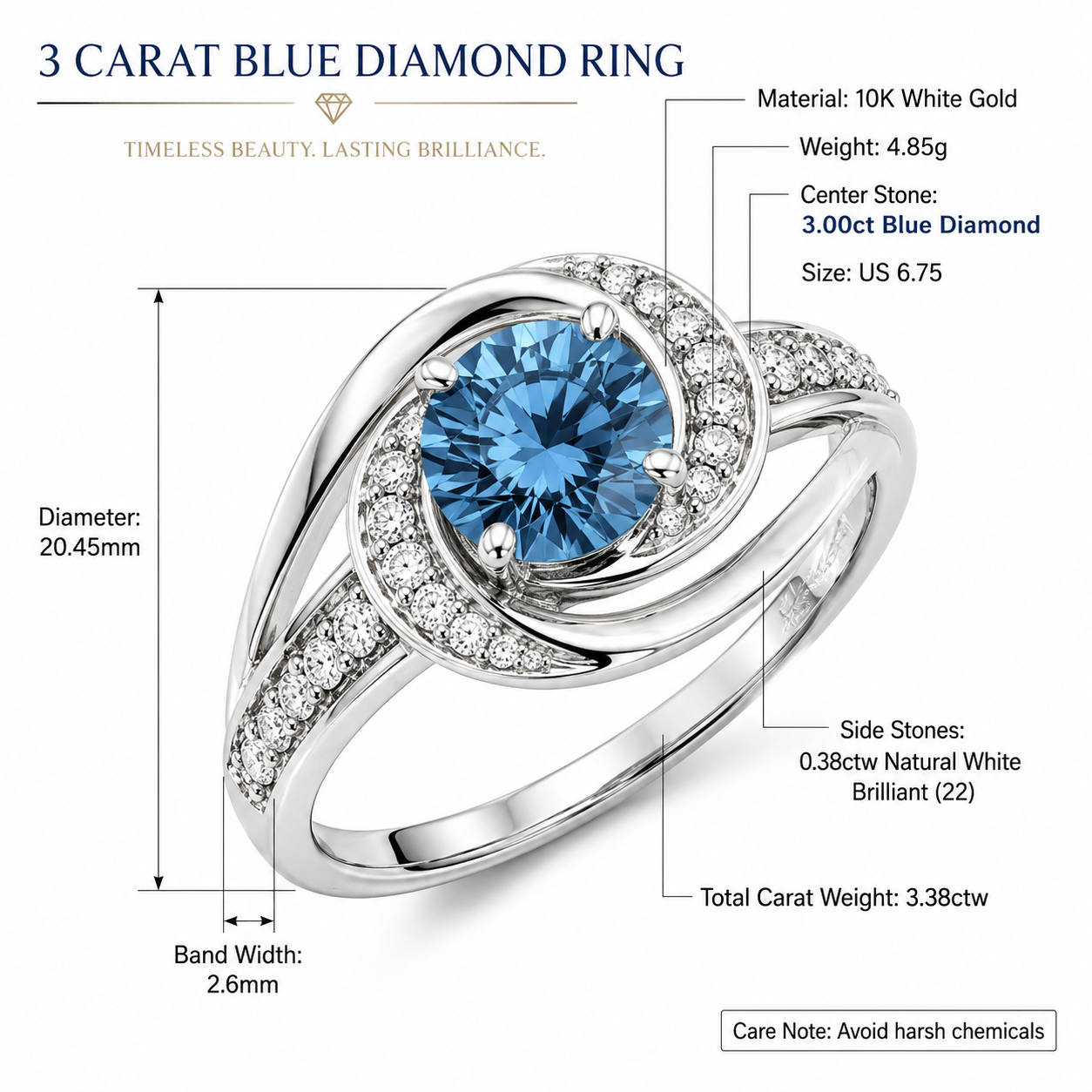 Limited Edition 3 Carat Blue Lab Grown Diamond Ring in 10K White Gold | IGI Certified | Future Jewelry Certified™ | 1 of 6 Ever Made