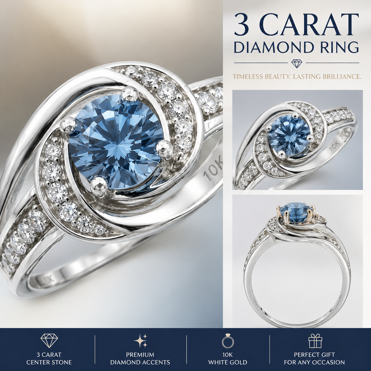Limited Edition 3 Carat Blue Lab Grown Diamond Ring in 10K White Gold | IGI Certified | Future Jewelry Certified™ | 1 of 6 Ever Made