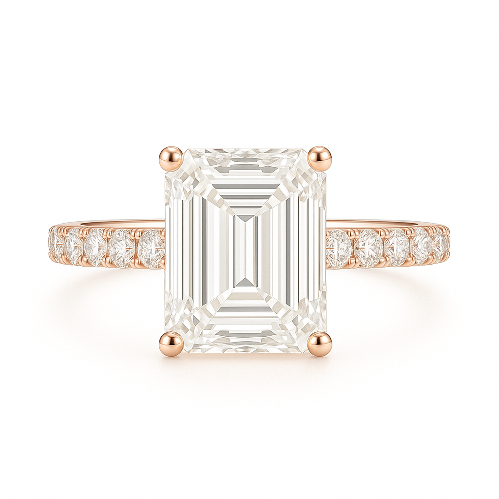 Rose gold ring with a large emerald-cut diamond and smaller diamonds on the band against a white background