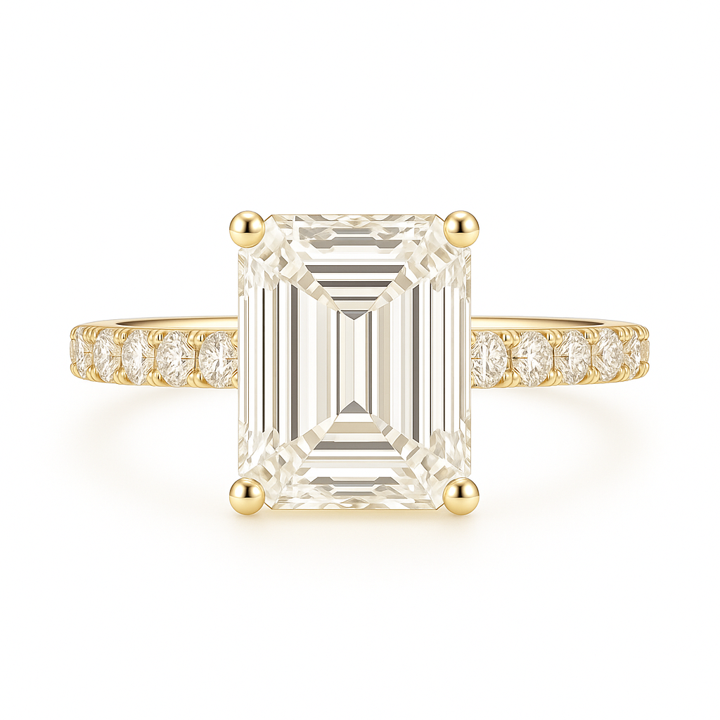 Gold ring with a large emerald-cut diamond and smaller diamonds on the band against a white background