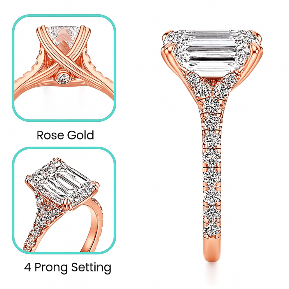 Rose gold ring with diamond accents on a white background