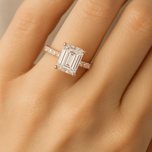 3 Carat Emerald Cut Lab Grown Diamond Engagement Ring in 14K White Gold, Certified, worn on hand - Future Jewelry