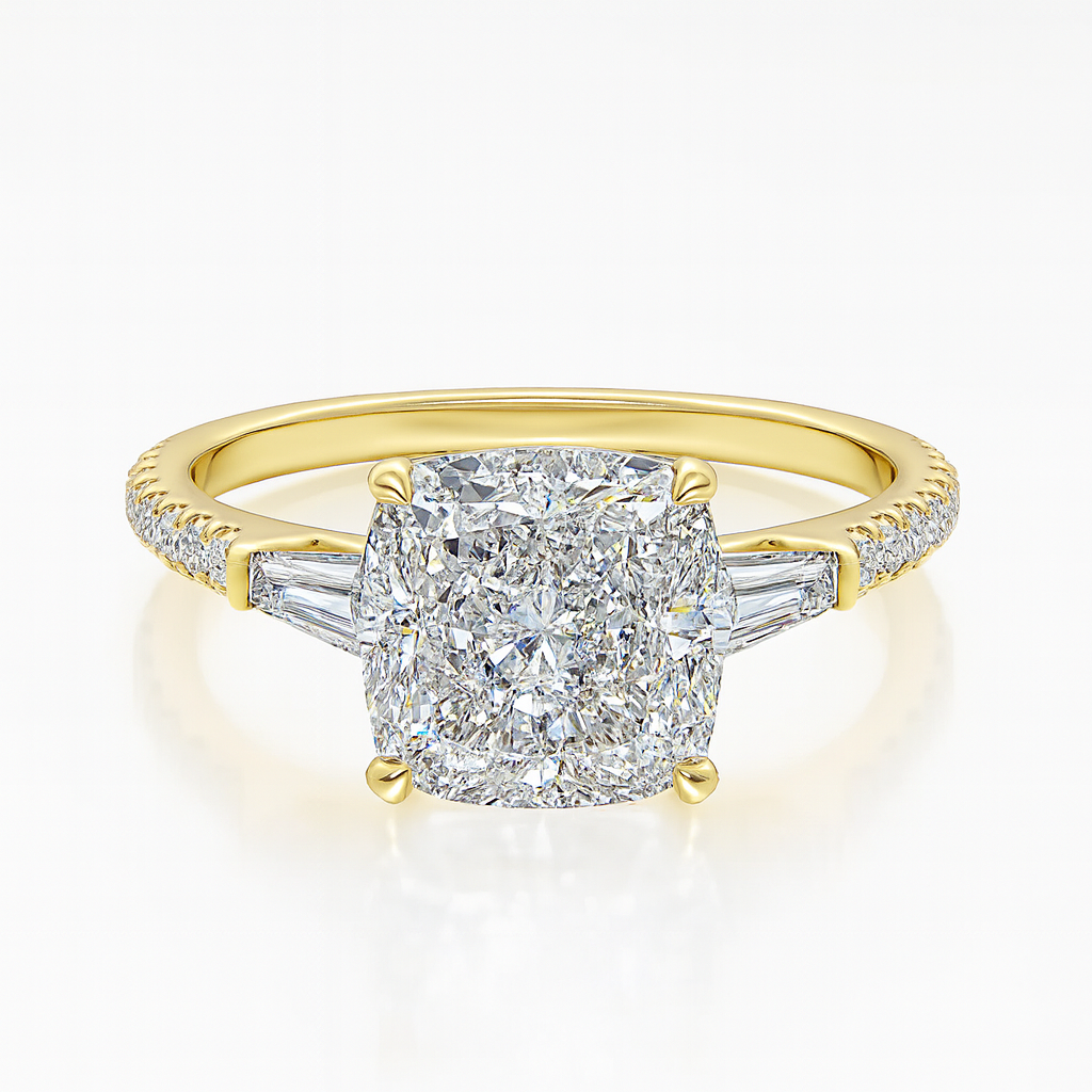 Gold ring with a diamond center stone on a white background