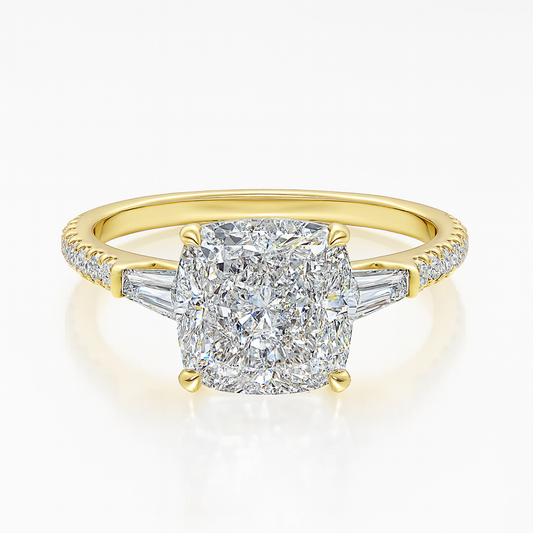 Gold ring with a diamond center stone on a white background