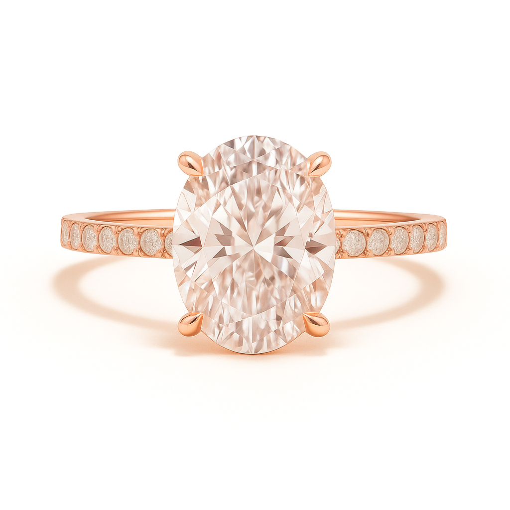 Rose gold ring with a large diamond and smaller diamonds on the band against a white background