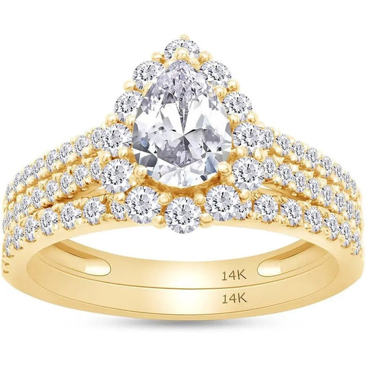 3 Carat Lab Grown Diamond Halo Bridal Ring Set in 14K Gold