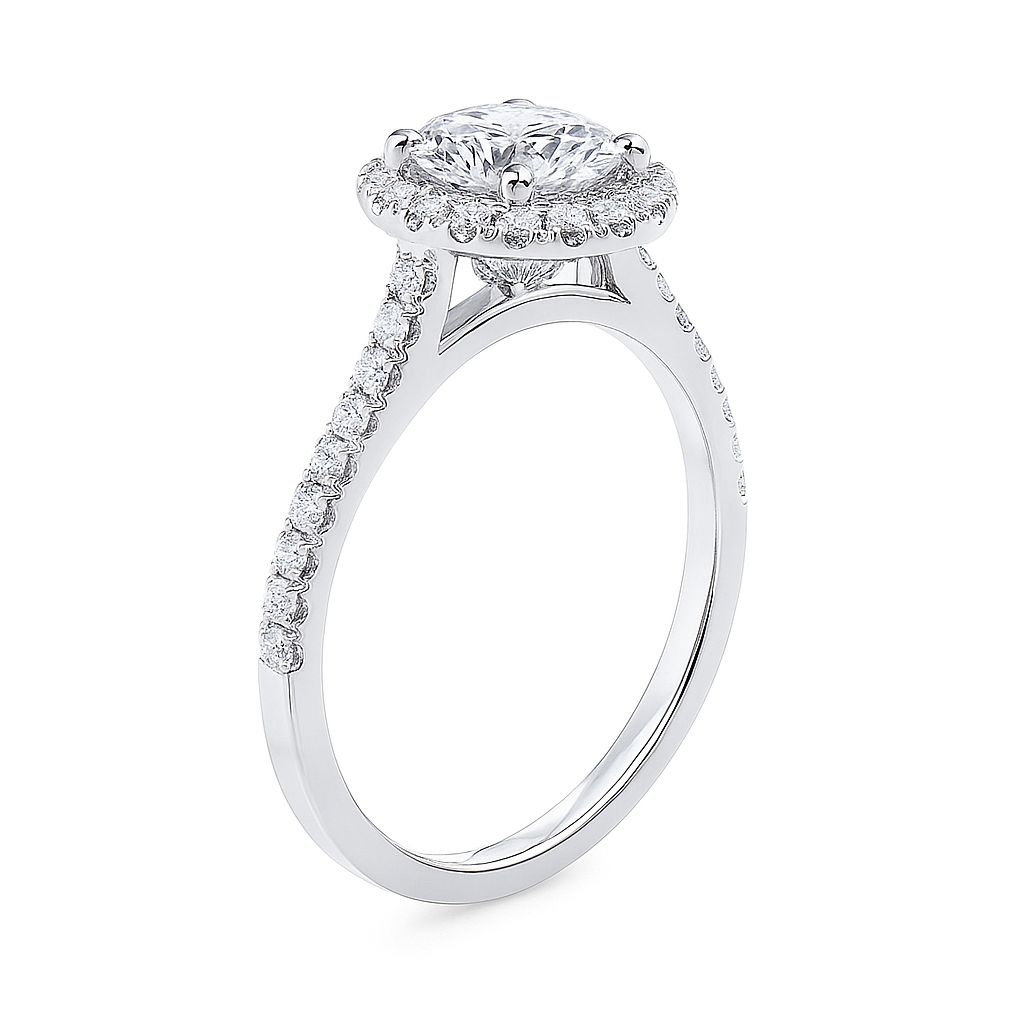 Diamond ring with a halo and side stones on a white background by Future Jewelry