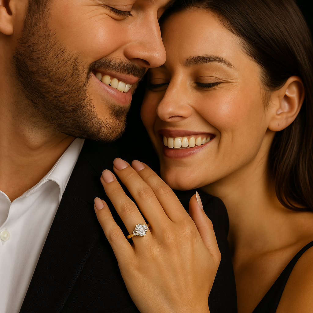 Couple smiling with a focus on the woman's hand wearing an engagement ring.