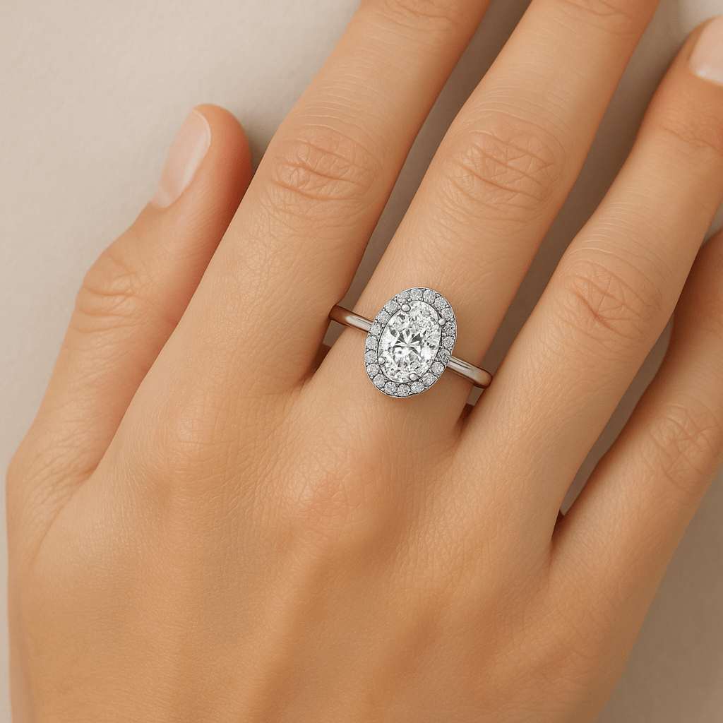 3 Carat Oval Lab Grown Diamond Halo Engagement Ring in 14K White Gold - Future Jewelry
