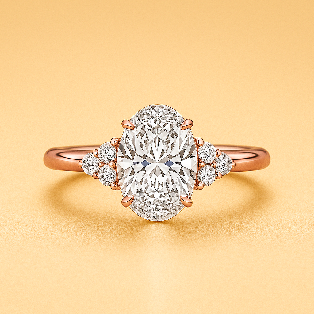 Rose gold ring with a large diamond and smaller diamonds on a yellow background
