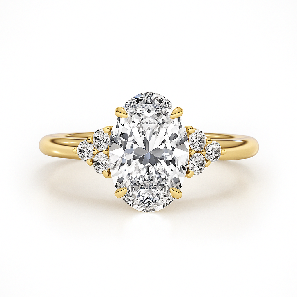 Gold ring with a large diamond and smaller diamonds on the sides against a white background