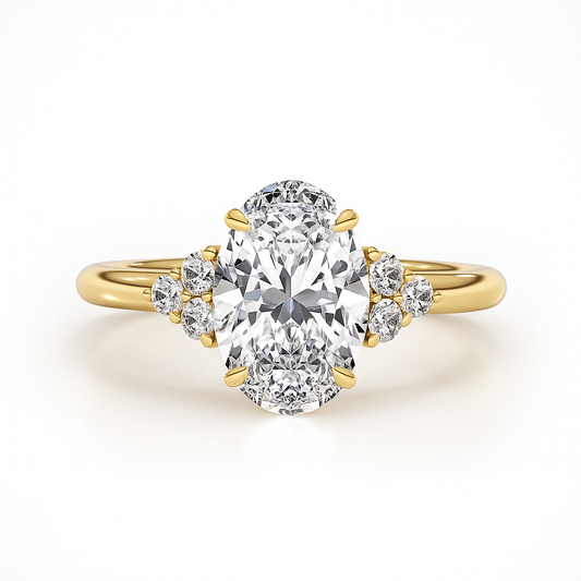 Gold ring with a large diamond and smaller diamonds on the sides against a white background