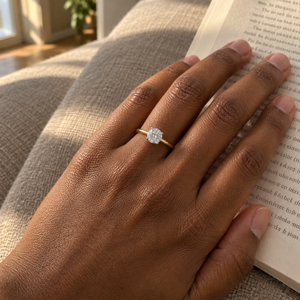 3 Carat Oval Lab Grown Diamond Solitaire Engagement Ring in 14K Yellow Gold worn on hand - Future Jewelry